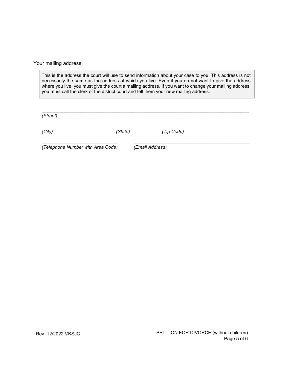 Petition for Divorce (Without Children) - Kansas, Page 5