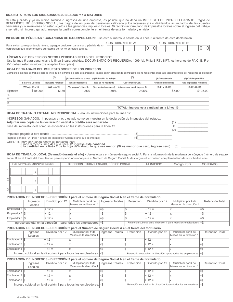 Formulario F-1 Declaracion De Impuestos De Ingreso Localanual - Pennsylvania (Spanish), Page 2