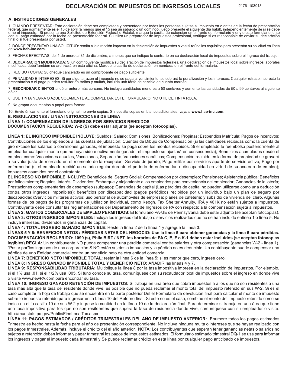 Formulario F-1 Declaracion De Impuestos De Ingreso Localanual - Pennsylvania (Spanish), Page 3