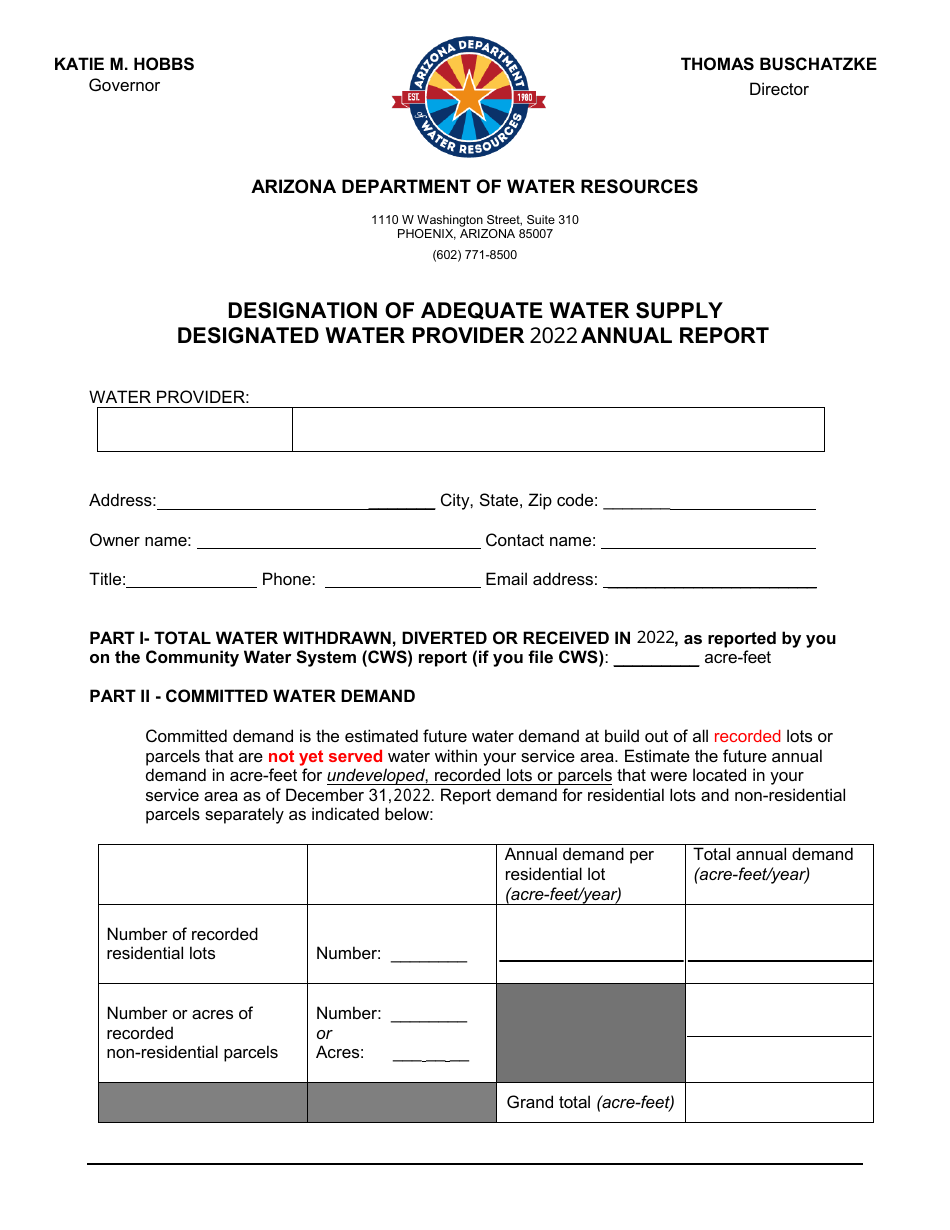 Designation of Adequate Water Supply Annual Report Form - Arizona, Page 1