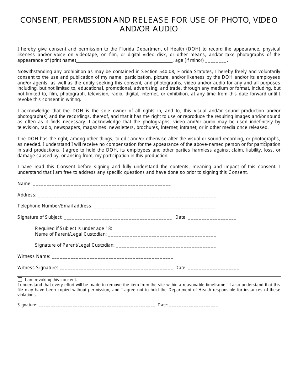 Consent, Permission and Release for Use of Photo, Video and / or Audio - Florida, Page 1