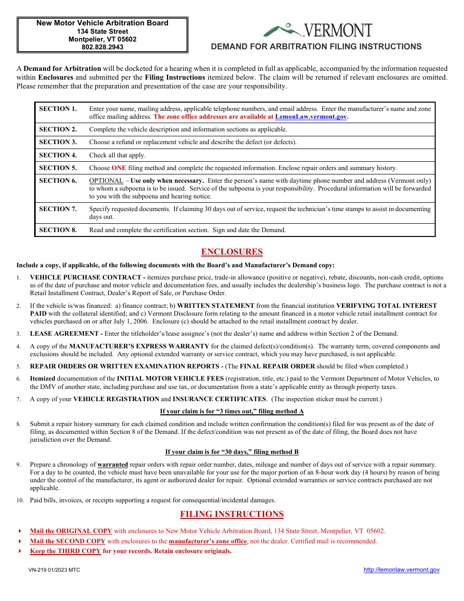 Form VN-219 Demand for Arbitration - Vermont, Page 1