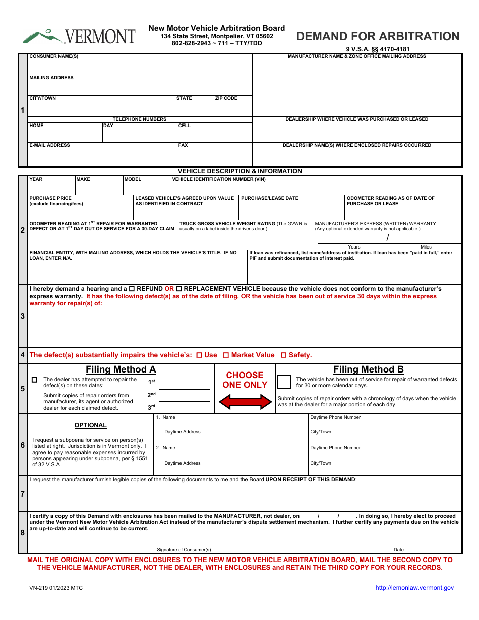 Form VN-219 Demand for Arbitration - Vermont, Page 3