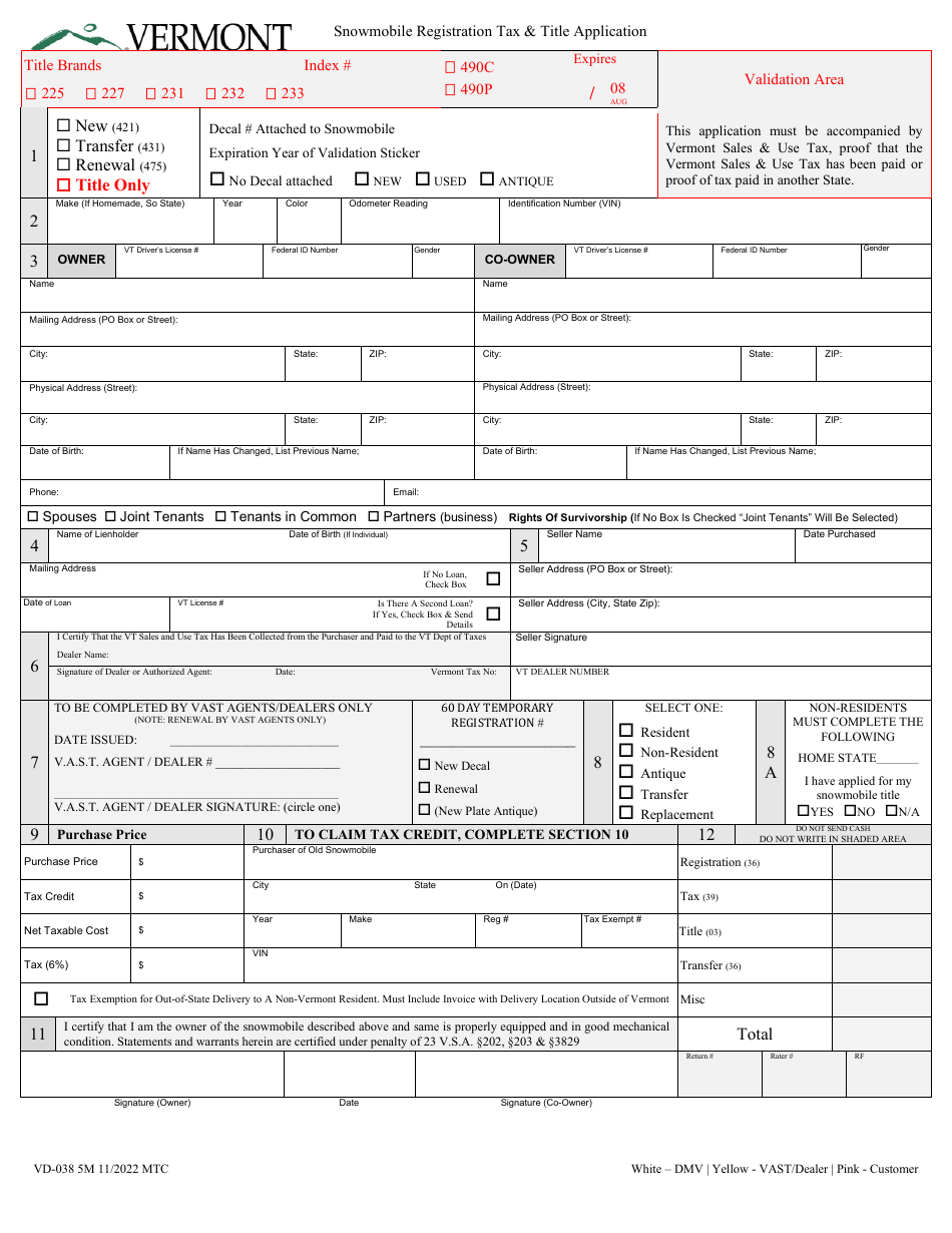 Form VD-038 Snowmobile Registration Tax  Title Application - Vermont, Page 1