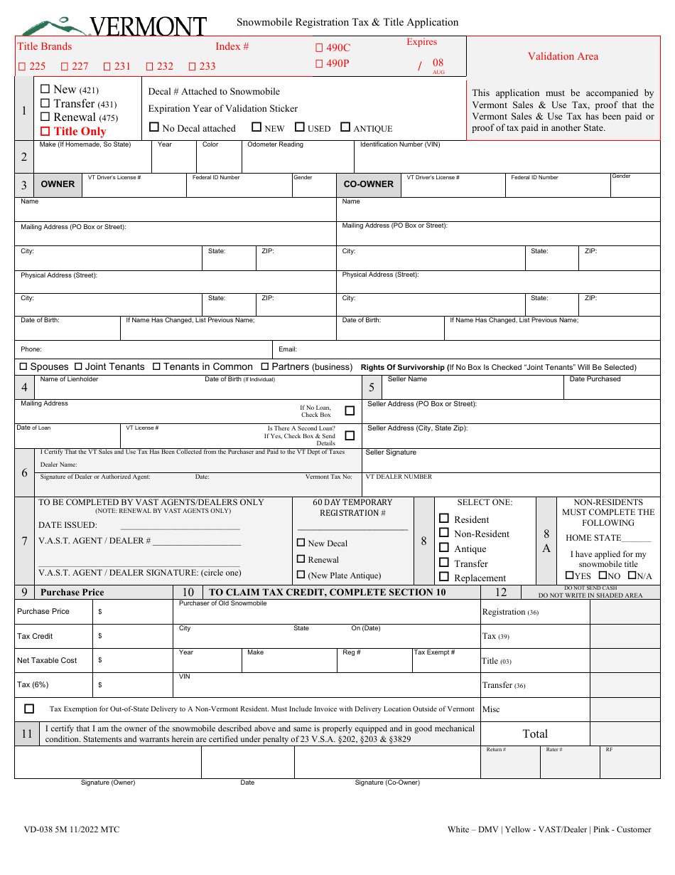 Form VD-038 Snowmobile Registration Tax  Title Application - Vermont, Page 2