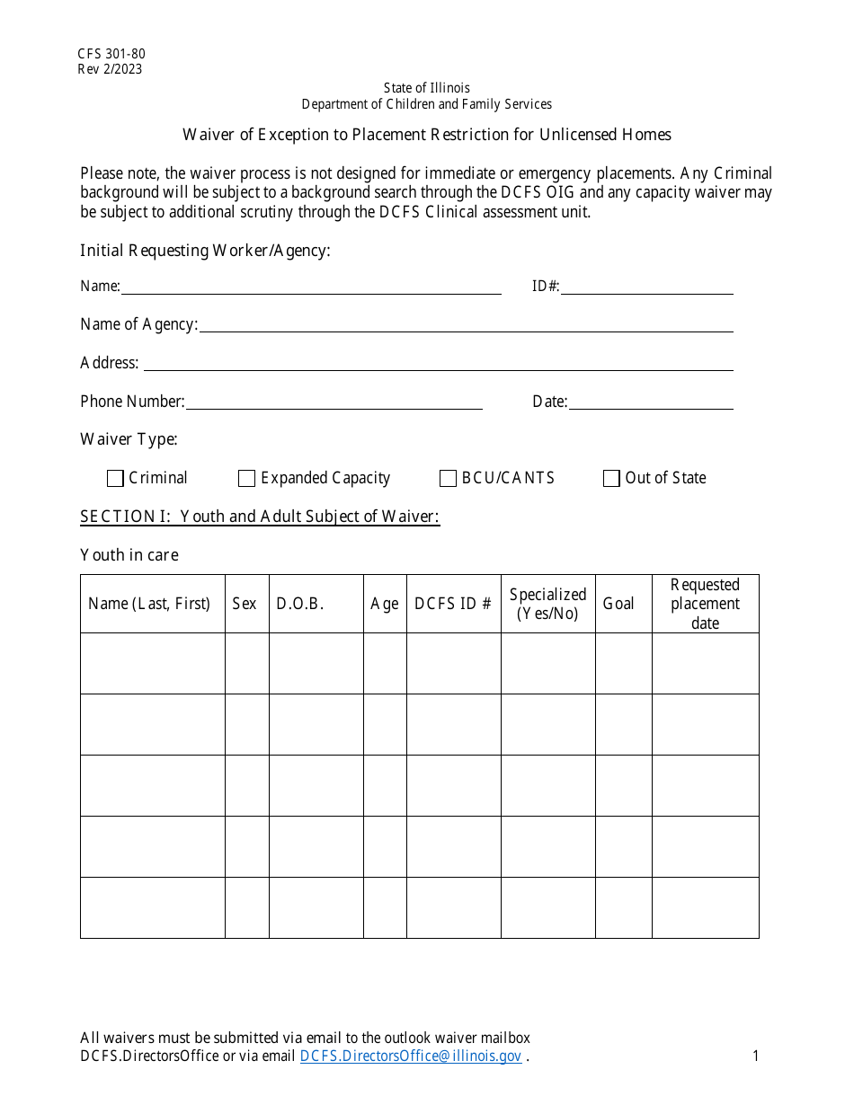 Form CFS301-80 Waiver of Exception to Placement Restriction for Unlicensed Homes - Illinois, Page 1