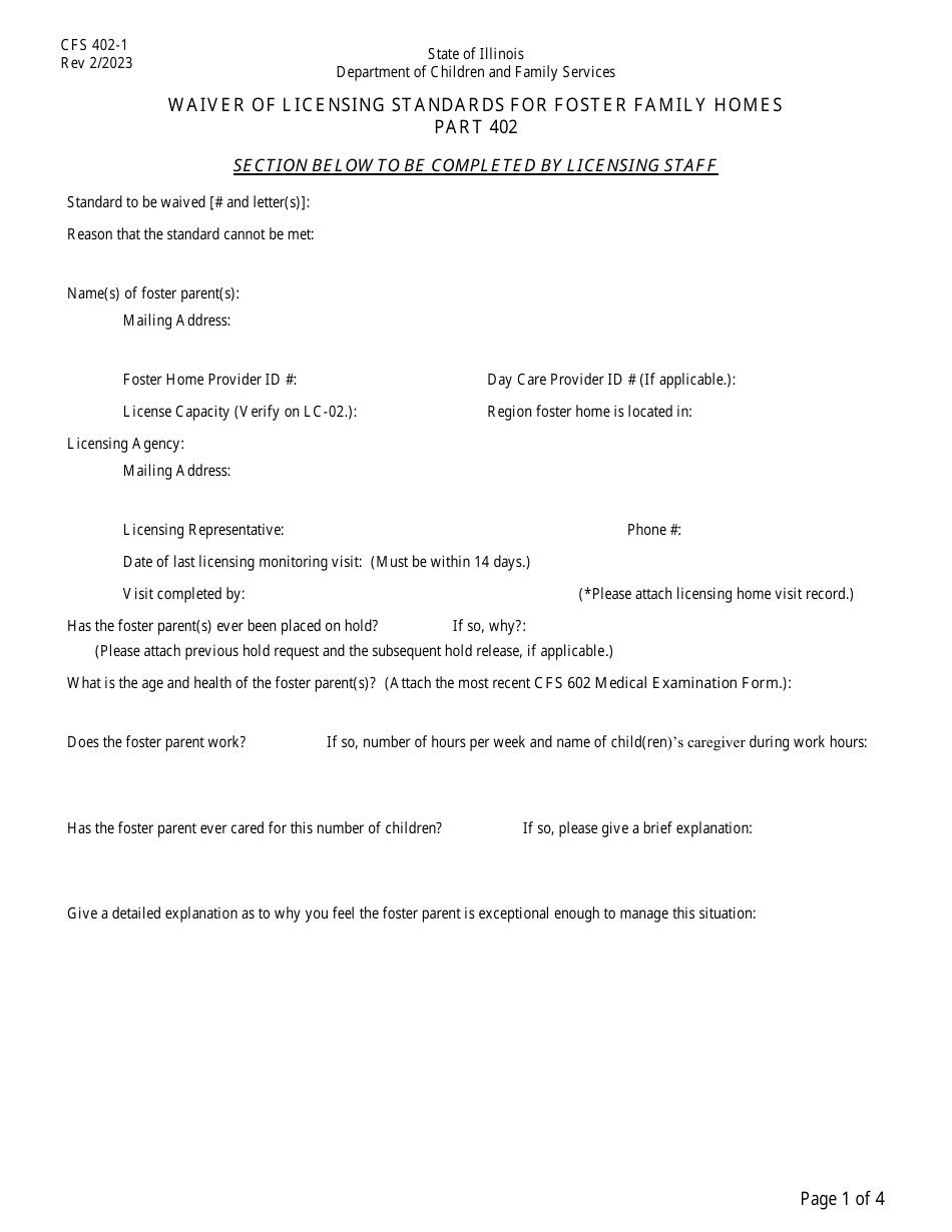 Form CFS402-1 Part 402 Waiver of Licensing Standards for Foster Family Homes - Illinois, Page 1