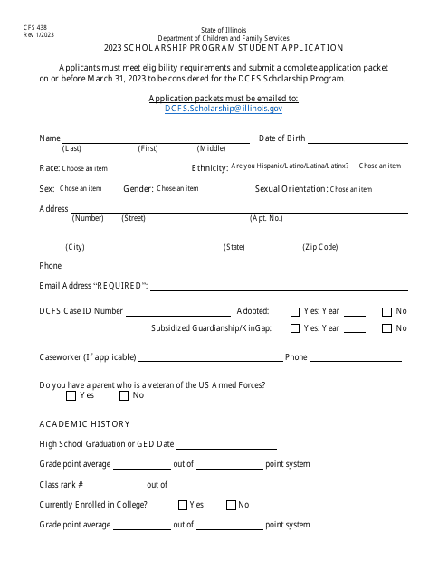 Form CFS438 Scholarship Program Student Application - Illinois, 2023