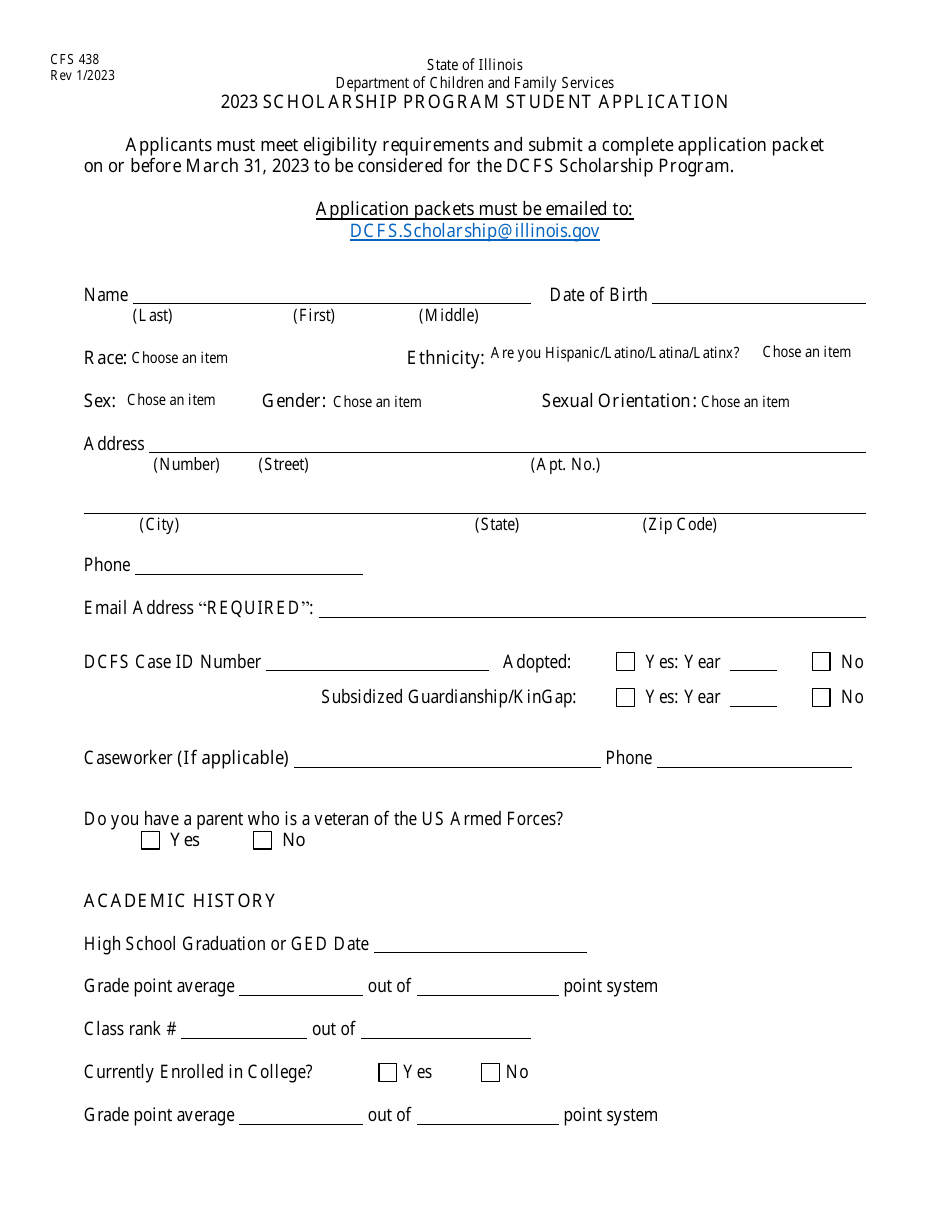 Form CFS438 Scholarship Program Student Application - Illinois, Page 1