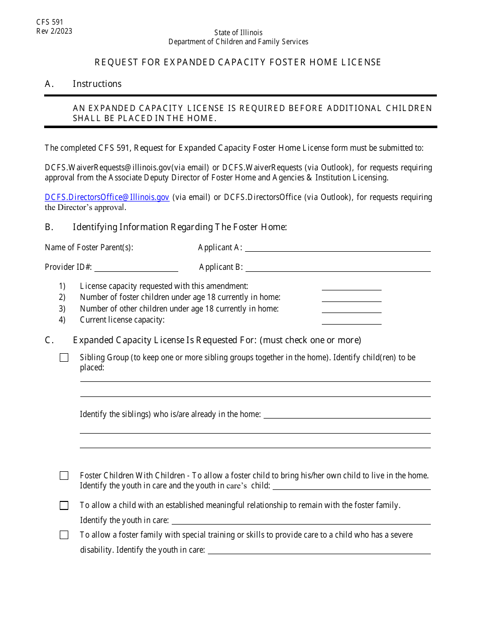 Form CFS591 Request for Expanded Capacity Foster Home License - Illinois, Page 1