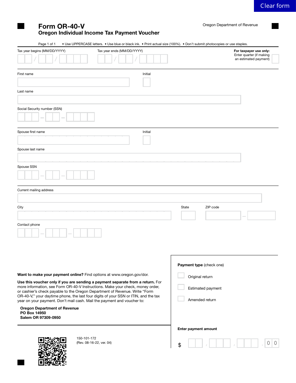 Form OR-40-V (150-101-172) Oregon Individual Income Tax Payment Voucher - Oregon, Page 1