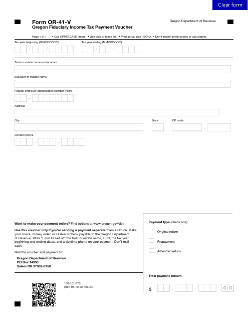 Form OR-41-V (150-101-173) Oregon Fiduciary Income Tax Payment Voucher - Oregon