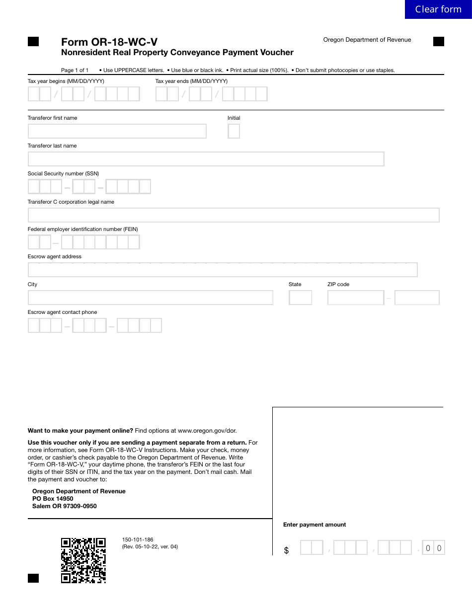 Form OR18WCV (150101186) Download Fillable PDF or Fill Online