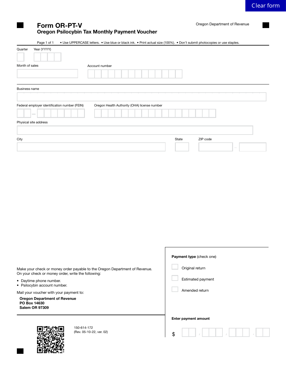 Form OR-PT-V (150-614-172) Oregon Psilocybin Tax Monthly Payment Voucher - Oregon, Page 1