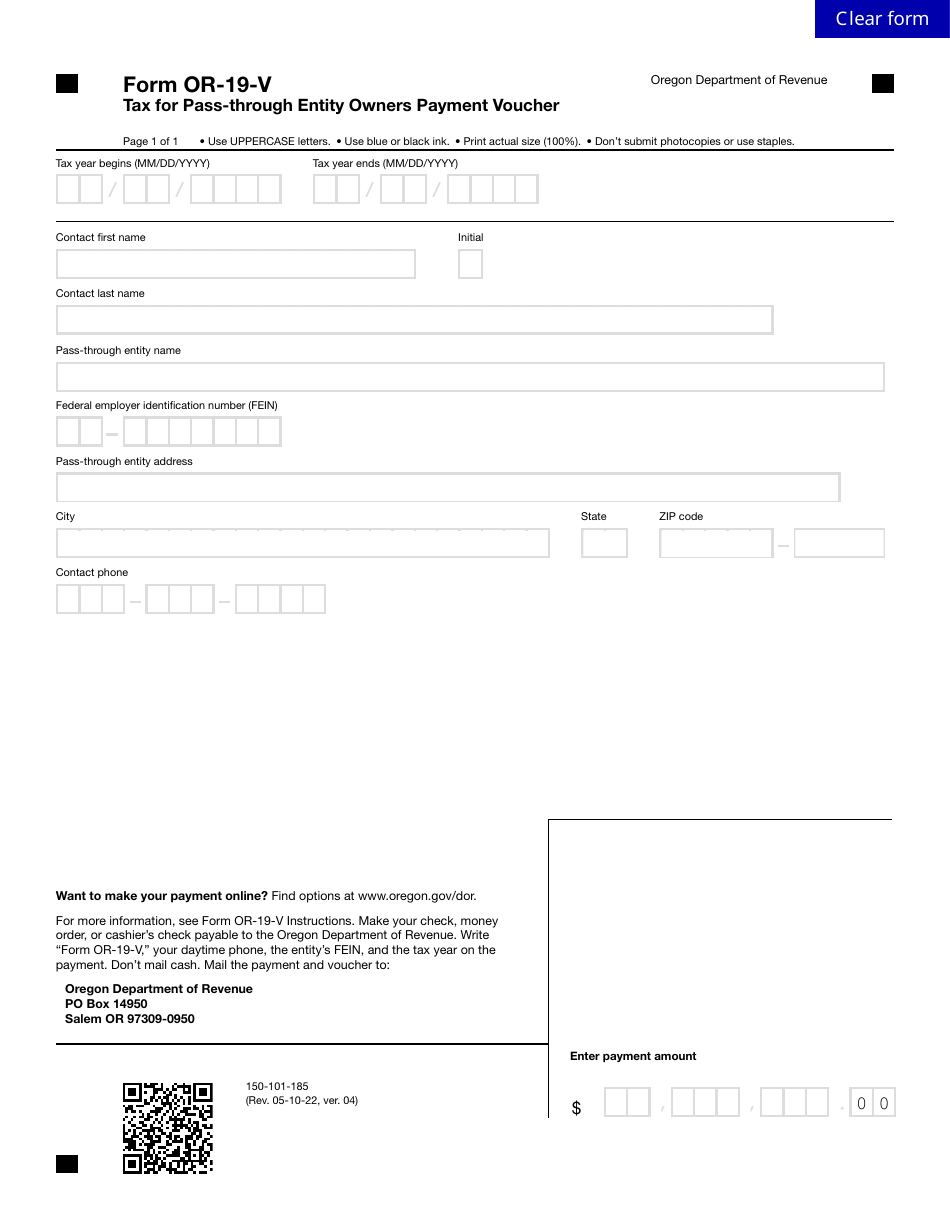 Form OR-19-V (150-101-185) Tax for Pass-Through Entity Owners Payment Voucher - Oregon, Page 1
