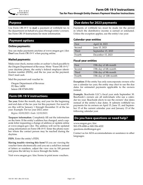 Form OR-19-V, 150-101-185  Printable Pdf