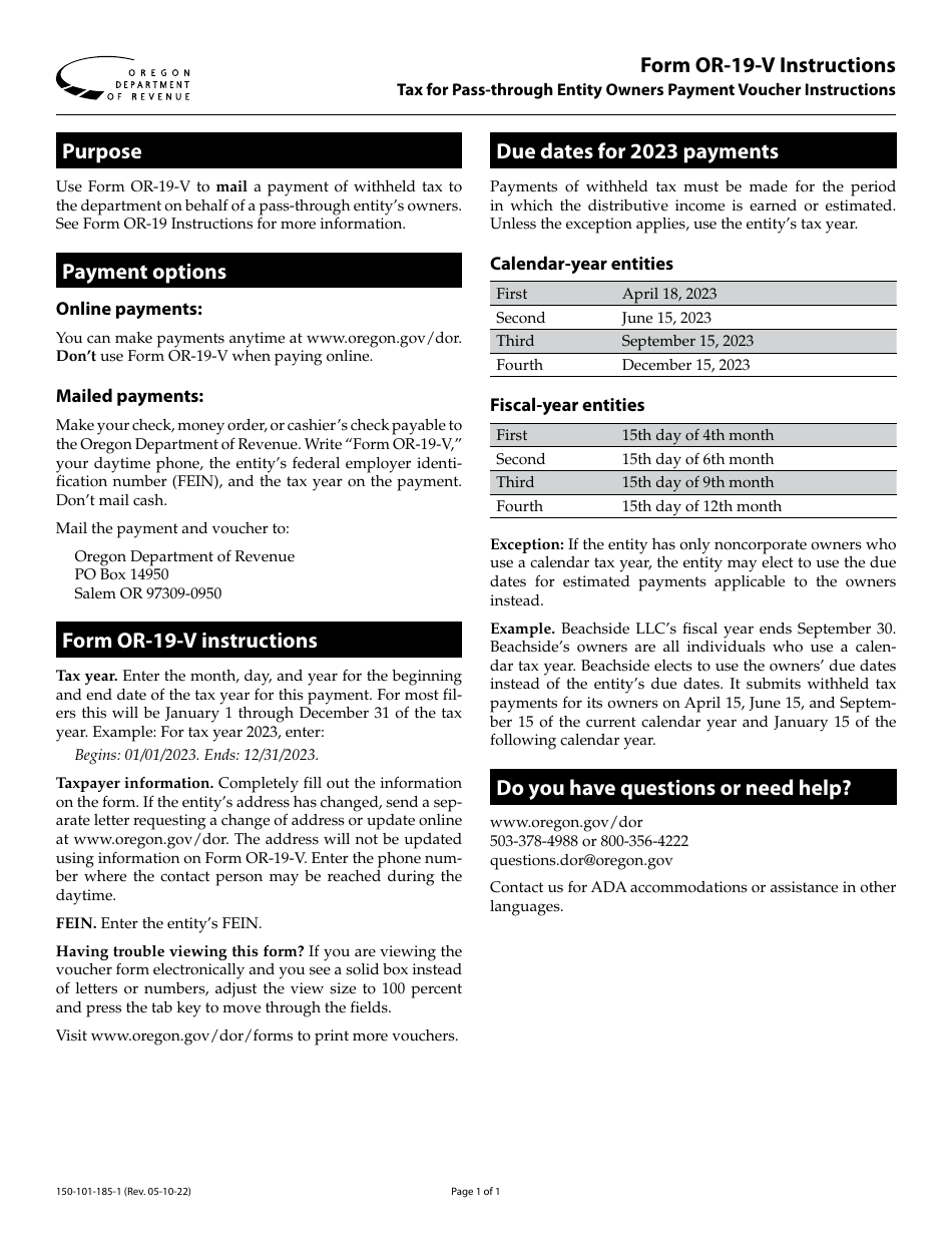 Instructions for Form OR-19-V, 150-101-185 Tax for Pass-Through Entity Owners Payment Voucher - Oregon, Page 1