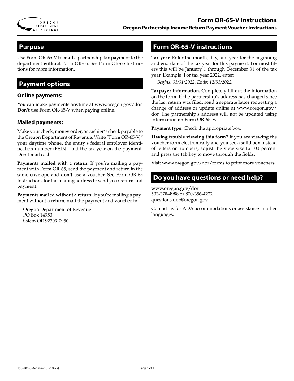 Instructions for Form OR-65-V, 150-101-066 Oregon Partnership Income Return Payment Voucher - Oregon, Page 1