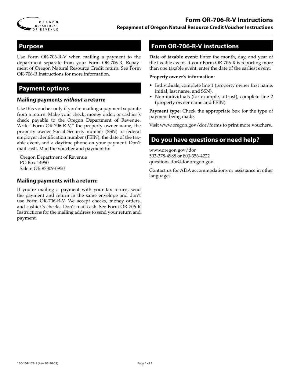 Instructions for Form OR-706-R-V, 150-104-173 Repayment of Oregon Natural Resource Credit Voucher - Oregon, Page 1