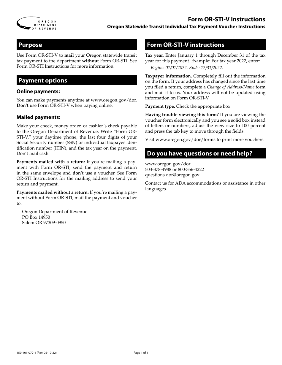 Instructions for Form OR-STI-V, 150-101-072 Oregon Statewide Transit Individual Tax Payment Voucher - Oregon, Page 1