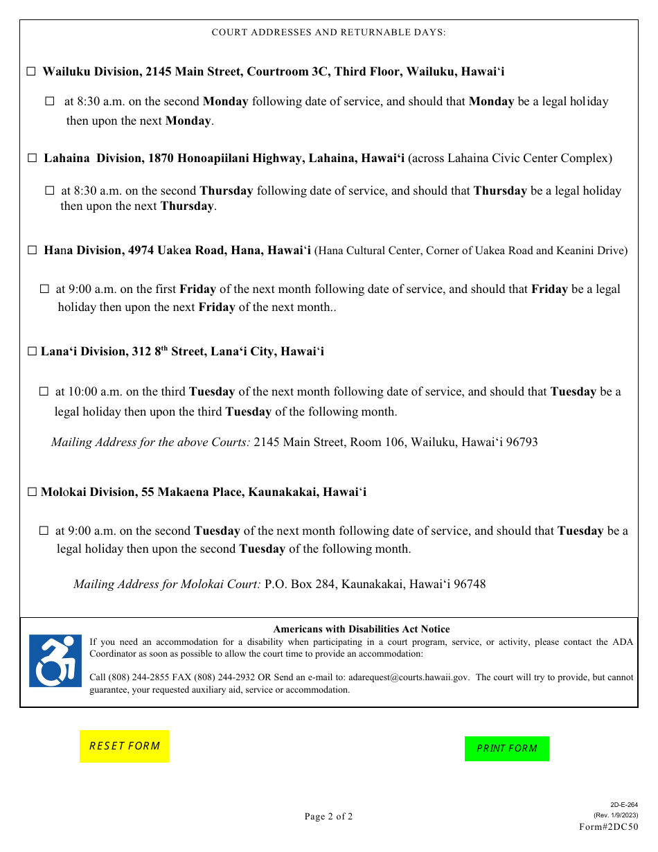 Form 2DC50 Summons - Hawaii, Page 2
