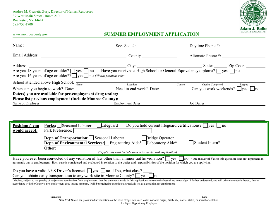 Summer Employment Application - Monroe County, New York, Page 1