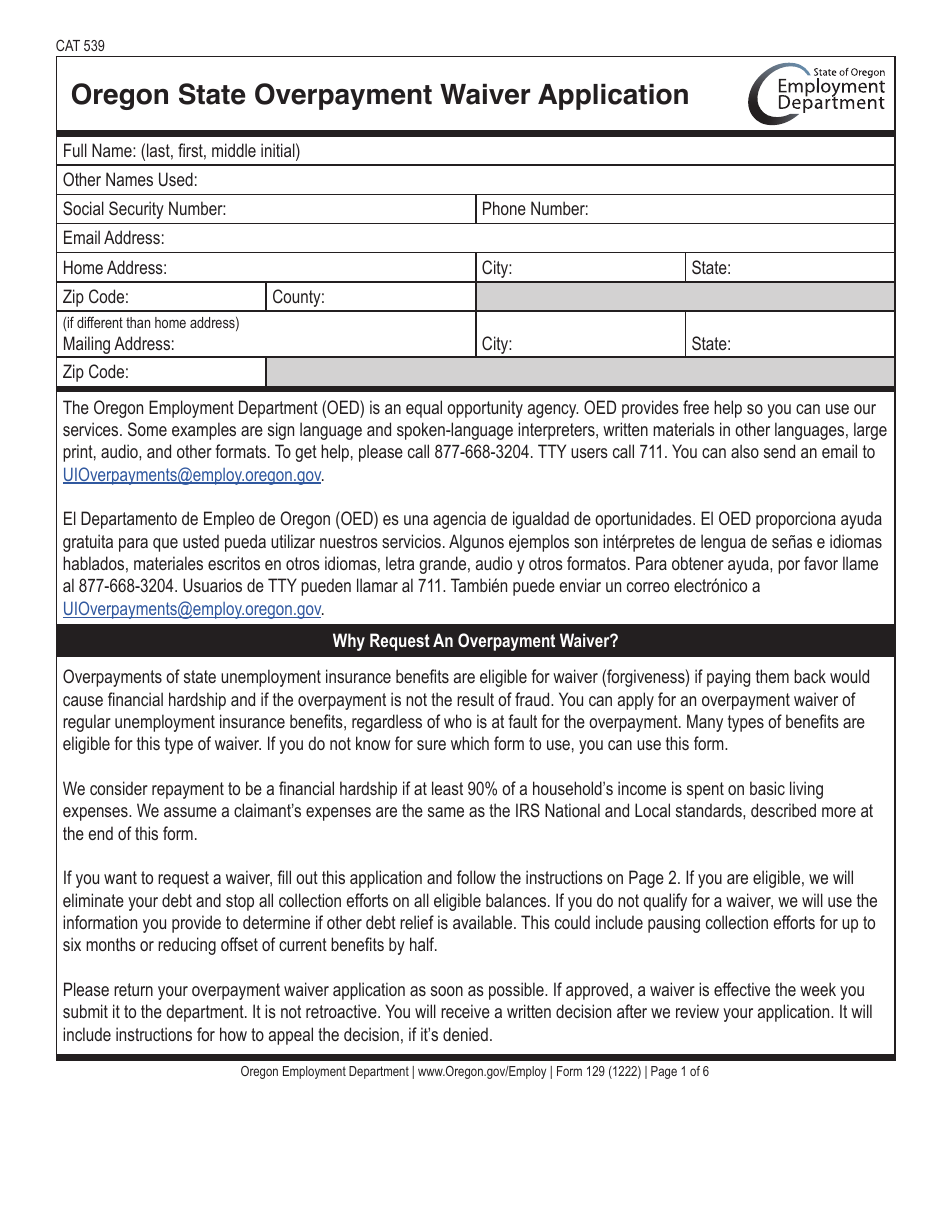 Form CAT539 (129) Oregon State Overpayment Waiver Application - Oregon, Page 1
