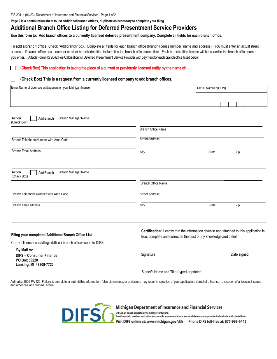 Form FIS2041A Additional Branch Office Listing for Deferred Presentment Service Providers - Michigan, Page 1