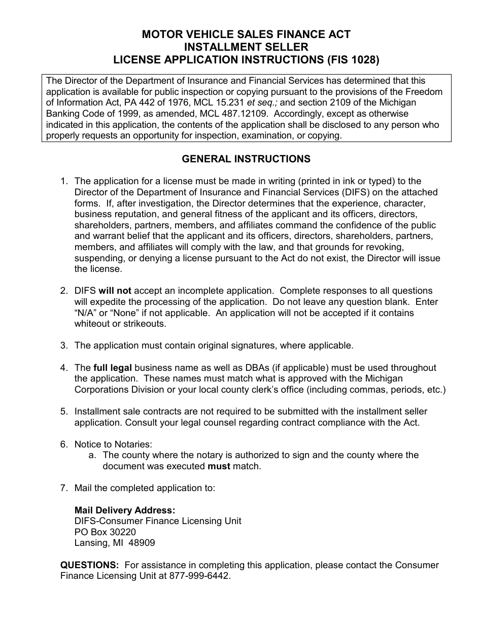 Form FIS1028 Sales Finance Company License Application - Michigan, Page 1