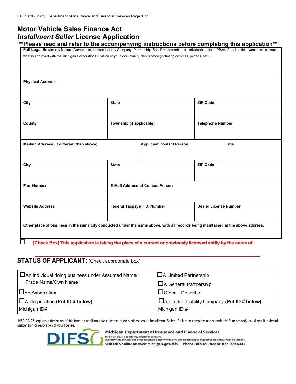 Form FIS1028 Sales Finance Company License Application - Michigan, Page 4
