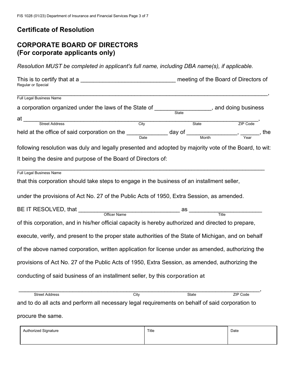 Form FIS1028 Sales Finance Company License Application - Michigan, Page 6
