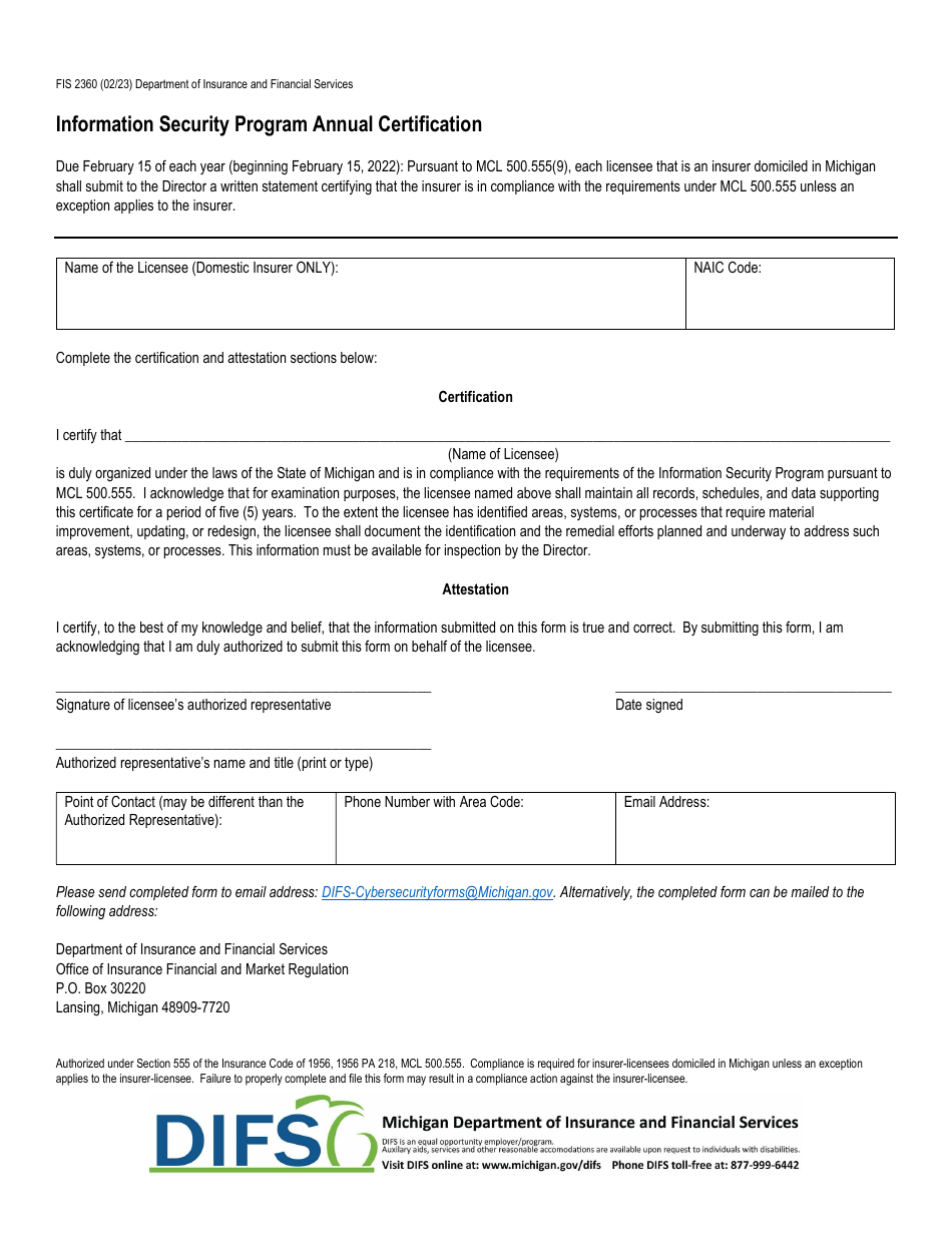 Form FIS2360 Information Security Program Annual Certification - Michigan, Page 1
