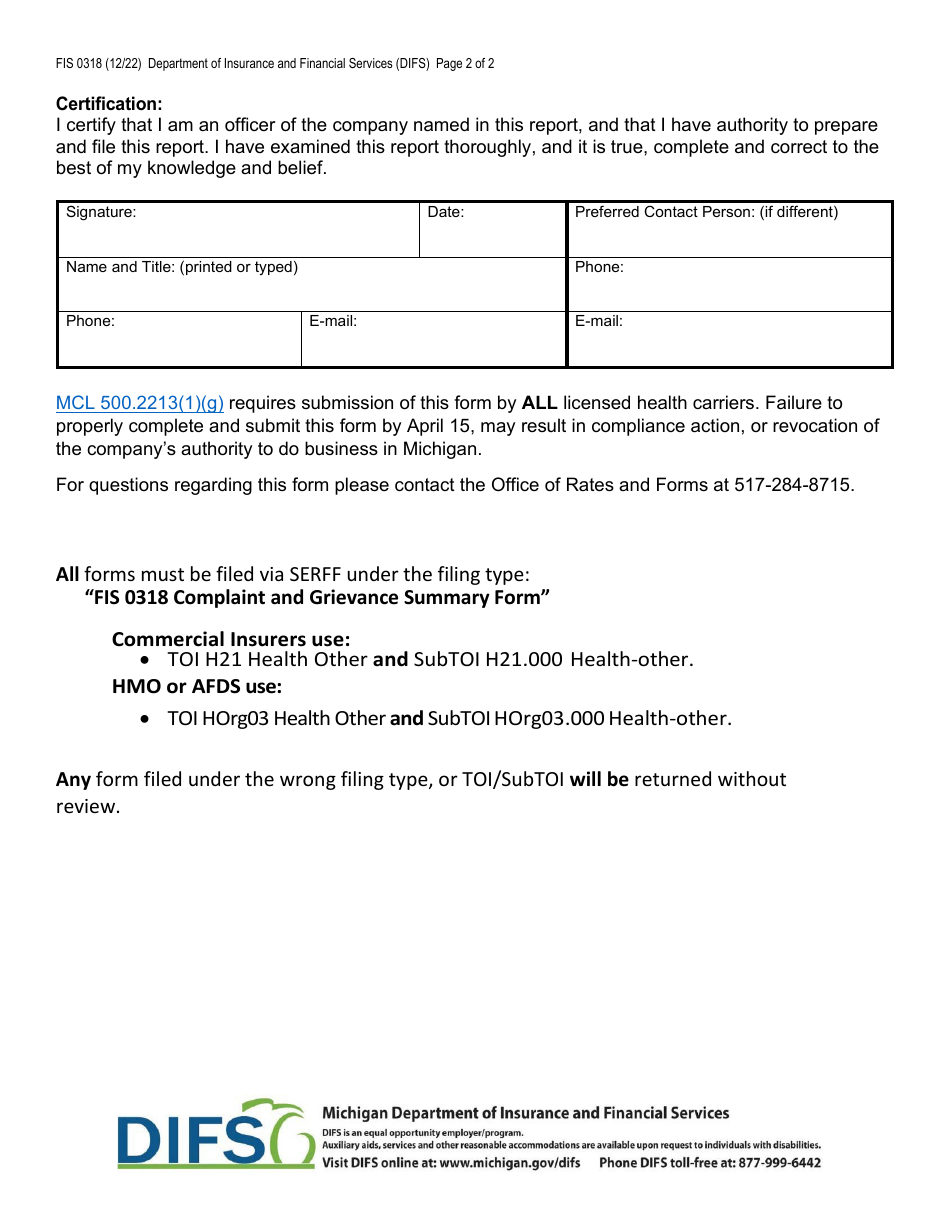 Form FIS0318 Complaint and Grievance Summar - Michigan, Page 2