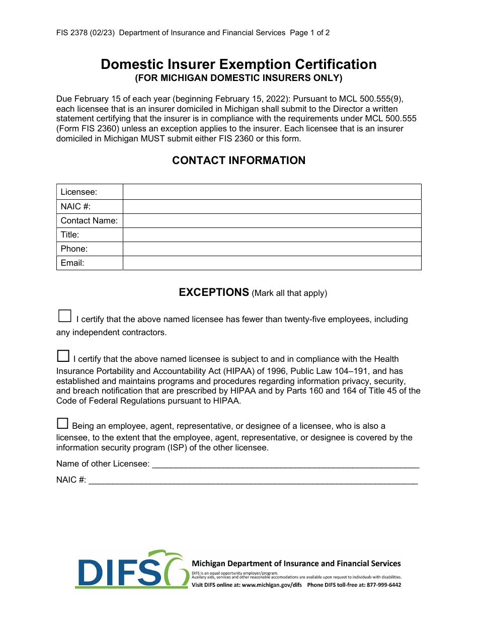 Form FIS2378 Domestic Insurer Exemption Certification - Michigan, Page 1