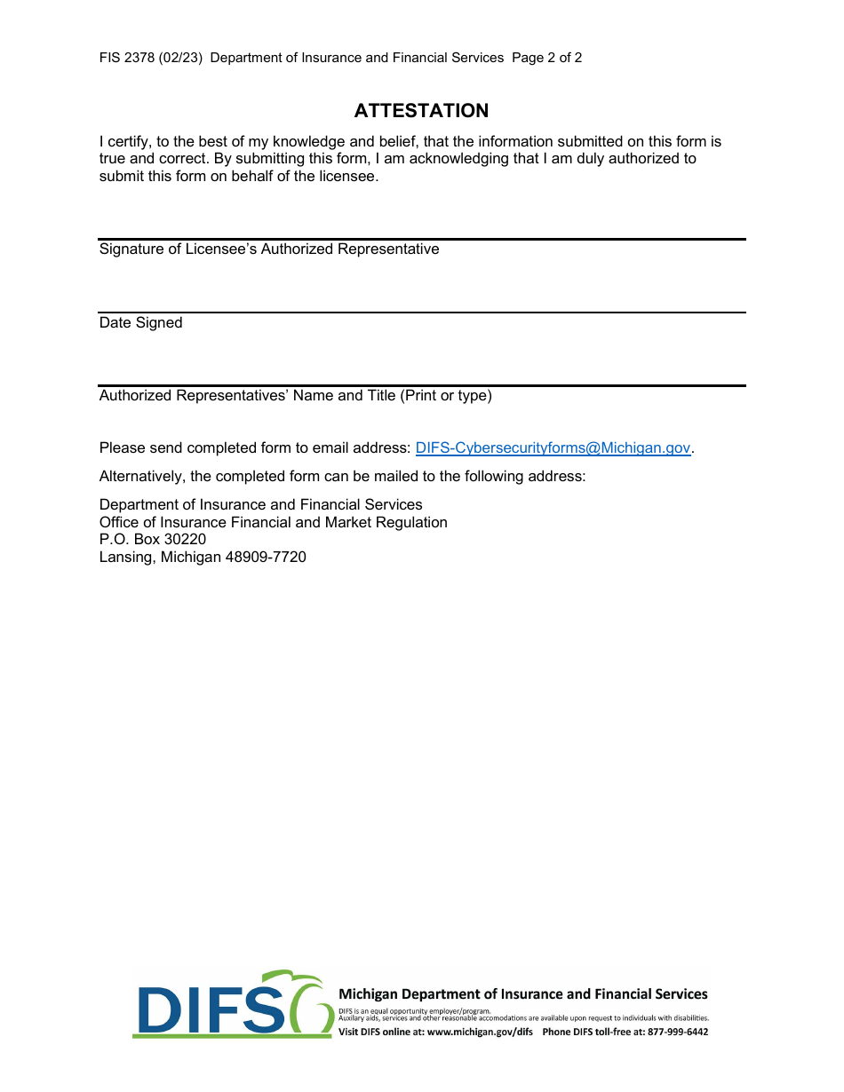Form FIS2378 Domestic Insurer Exemption Certification - Michigan, Page 2