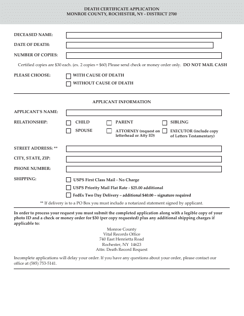 Death Certificate Application - Monroe County, New York