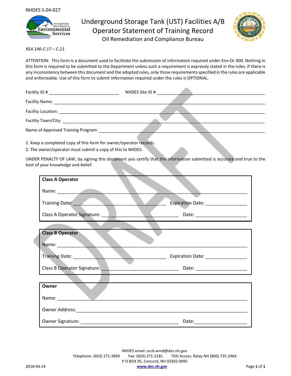 Form NHDES-S-04-027 Underground Storage Tank (Ust) Facilities a / B Operator Statement of Training Record - Draft - New Hampshire, Page 1