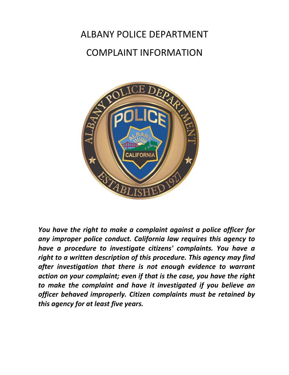 Personnel Complaint Form - City of Albany, California, Page 1