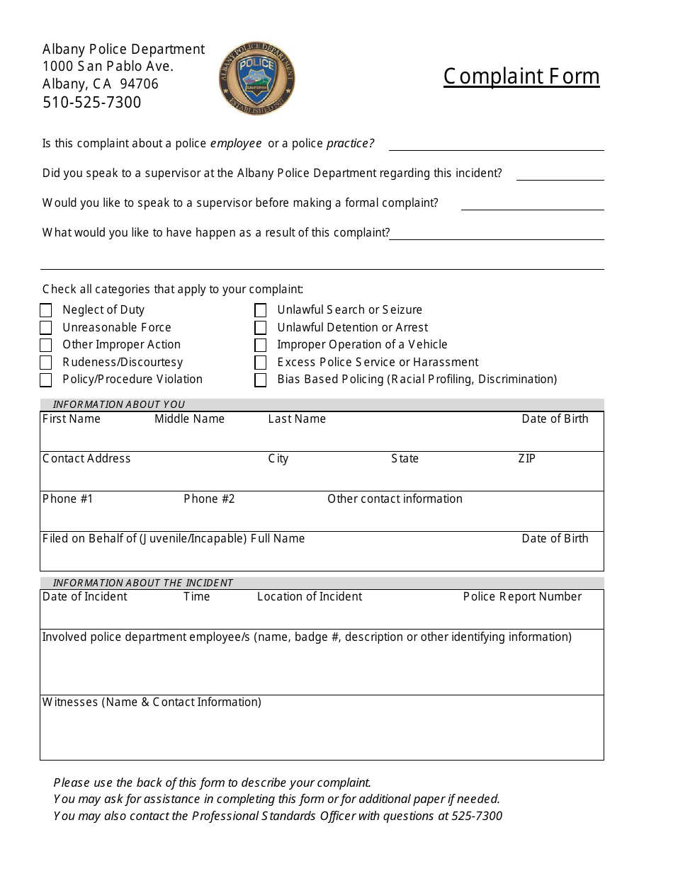 Personnel Complaint Form - City of Albany, California, Page 3