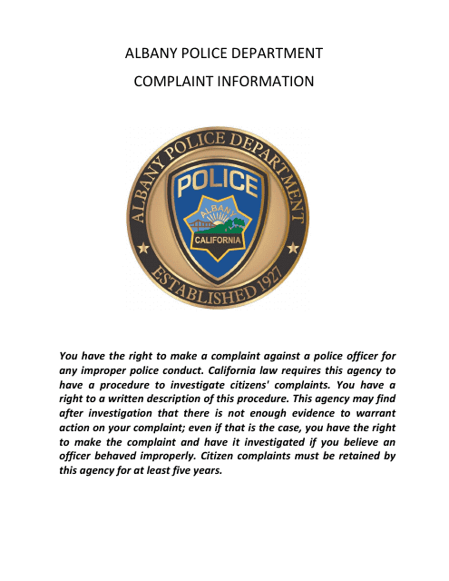 Personnel Complaint Form - City of Albany, California Download Pdf