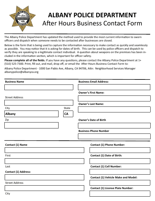 After Hours Business Contact Form - City of Albany, California Download Pdf
