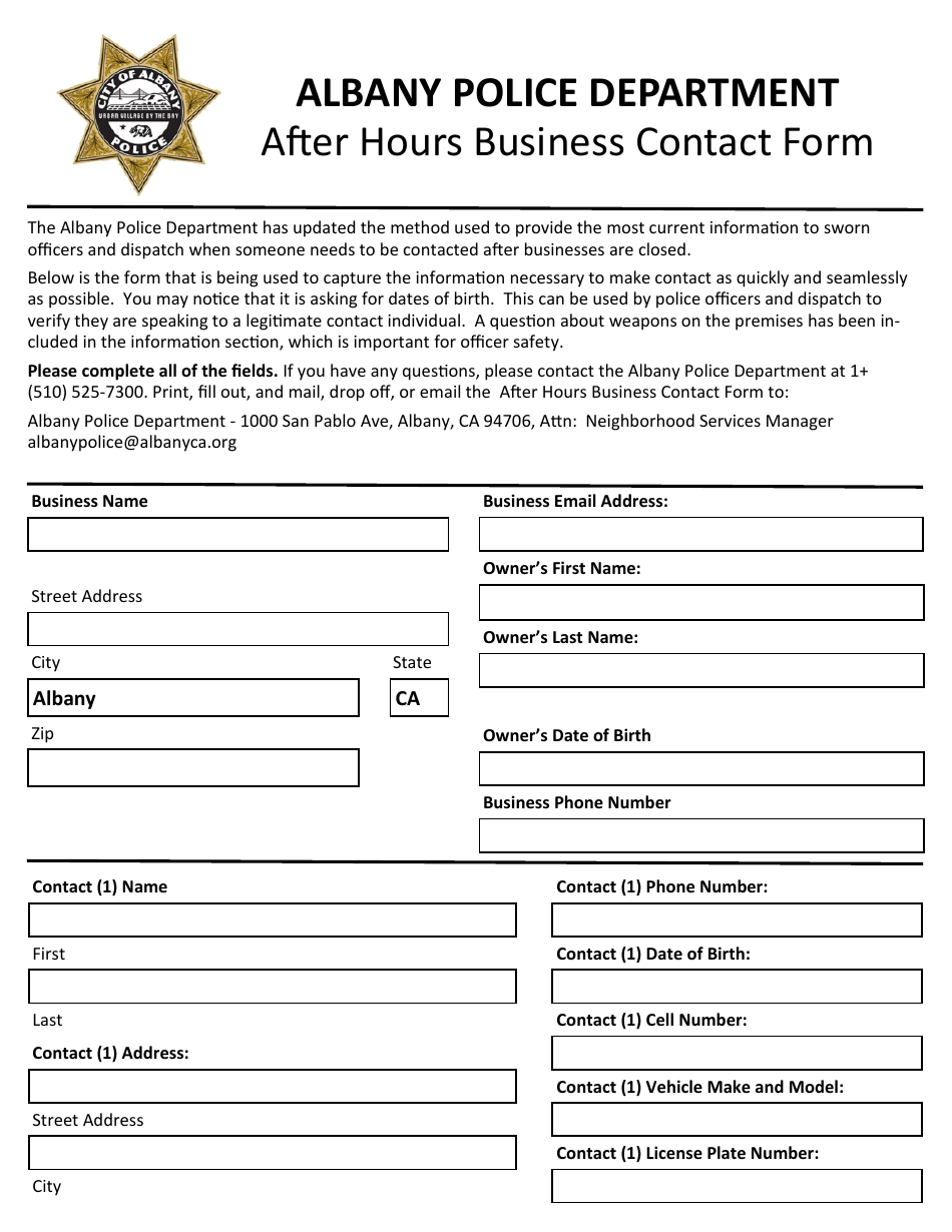After Hours Business Contact Form - City of Albany, California, Page 1