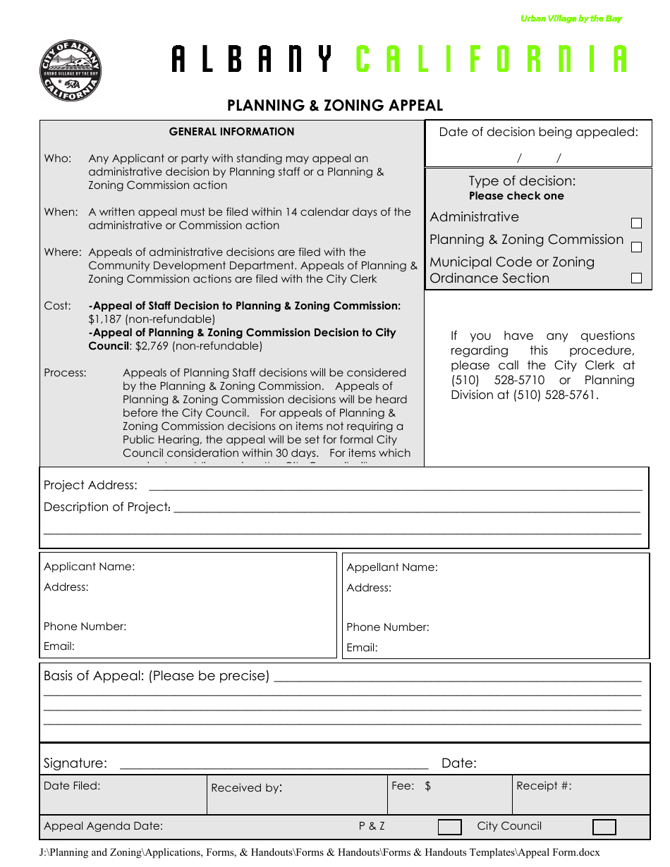 Planning  Zoning Appeal Form - City of Albany, California, Page 1