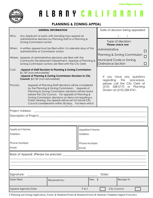 Planning & Zoning Appeal Form - City of Albany, California Download Pdf