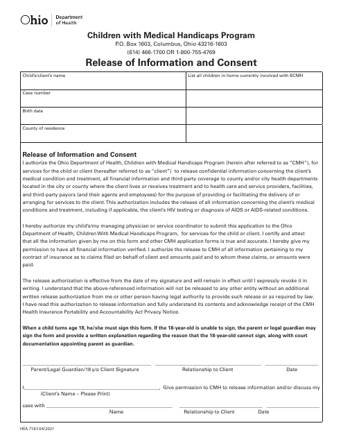 Form HEA7183 Release of Information and Consent - Children With Medical Handicaps Program - Ohio