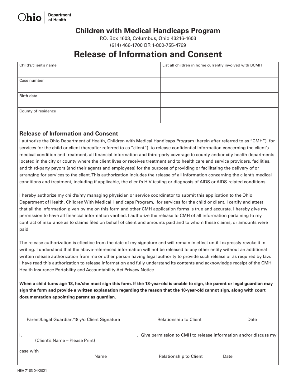 Form HEA7183 Release of Information and Consent - Children With Medical Handicaps Program - Ohio, Page 1