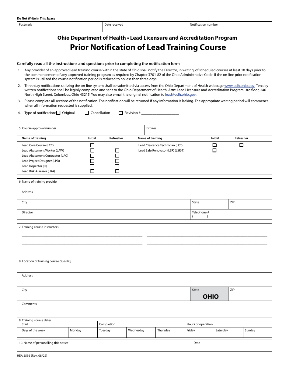 Form HEA5536 Prior Notification of Lead Training Course - Lead Licensure and Accreditation Program - Ohio, Page 1