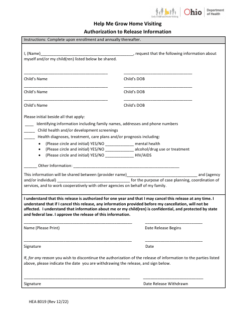 Form HEA8019 Authorization to Release Information - Help Me Grow Home Visiting - Ohio