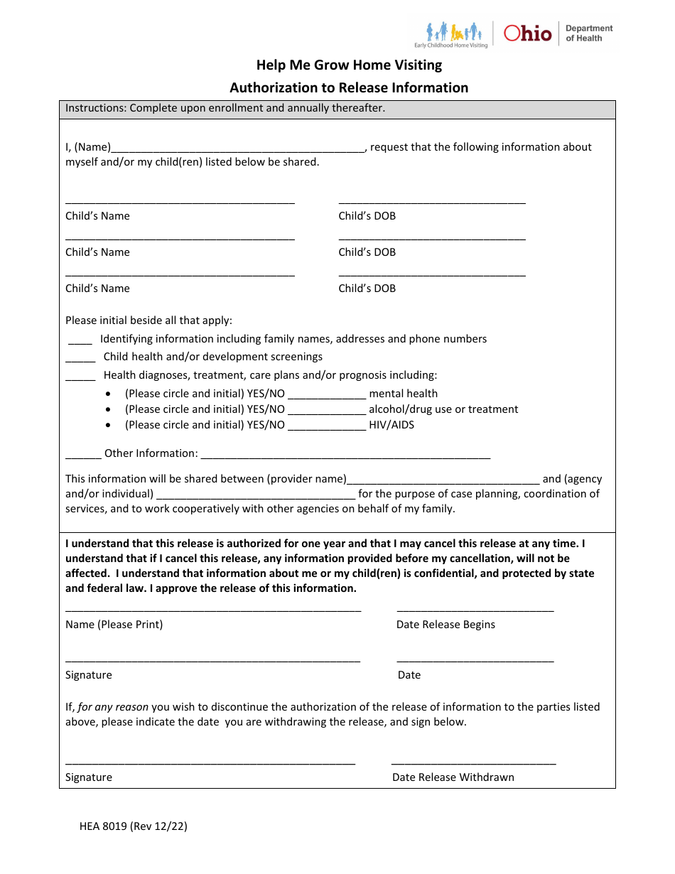 Form HEA8019 Authorization to Release Information - Help Me Grow Home Visiting - Ohio, Page 1