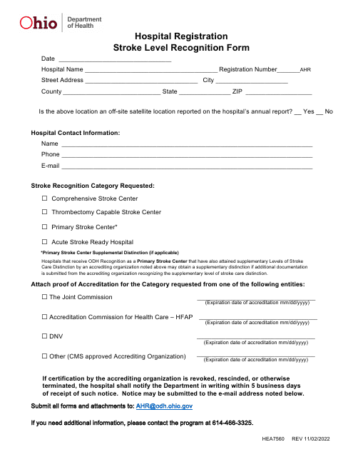 Form HEA7560 Hospital Registration Stroke Level Recognition Form - Ohio